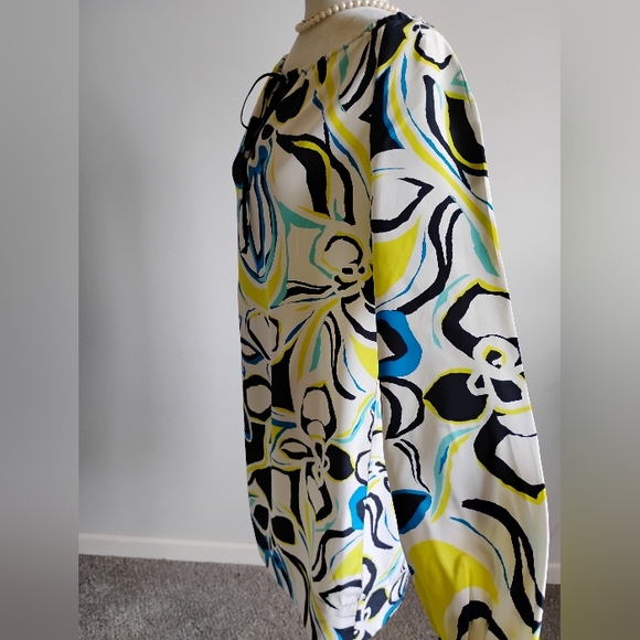 Banana Republic Silk Dress Abstract Floral Navy Blue Yellow Shift Tropical Sz M - Picture 7 of 15